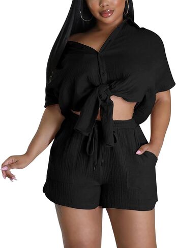 SEL NATURAL ملابس نسائية صيفية مكونة من قطعتين قميص بأزرار سفلية وسروال قصير لراكبي الدراجات النارية أطقم ملابس رياضية من القطن والكتان in Kuwait