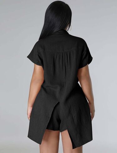 SEL NATURAL ملابس نسائية صيفية مكونة من قطعتين قميص بأزرار سفلية وسروال قصير لراكبي الدراجات النارية أطقم ملابس رياضية من القطن والكتان in Kuwait