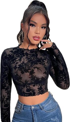 COZYEASE Women's Long Sleeve Crop Top Floral Mesh Lettuce Trim See Through Tee Tops Slim Fitted T Shirt Casual Trendy in Saudi Arabia