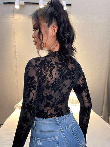 COZYEASE Women's Long Sleeve Crop Top Floral Mesh Lettuce Trim See Through Tee Tops Slim Fitted T Shirt Casual Trendy in Saudi Arabia