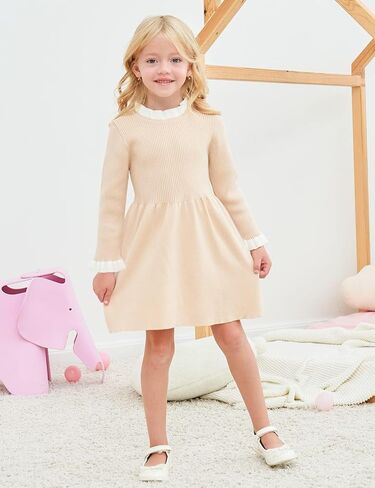 RAISEVERN Kids Little Girl 3T فساتين سترة لطيف المشمش كم طويل كشكش مضلع متماسكة الخريف الشتاء فستان 4T ملابس دافئة غير رسمية للحفلات in Kuwait