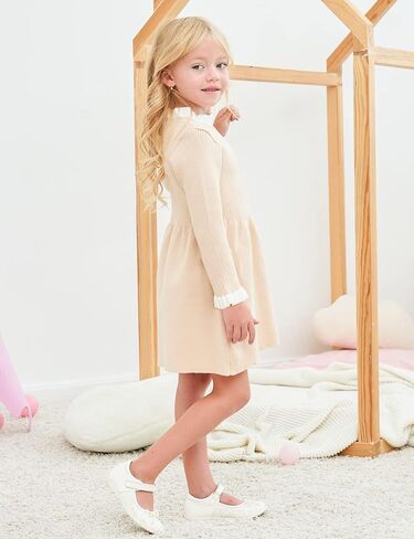 RAISEVERN Kids Little Girl 3T فساتين سترة لطيف المشمش كم طويل كشكش مضلع متماسكة الخريف الشتاء فستان 4T ملابس دافئة غير رسمية للحفلات in Kuwait
