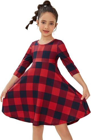 QPANCY Girls Buffalo Check Dress 3/4 Sleeve Christmas Dress Kids Casual Dresses in Kuwait