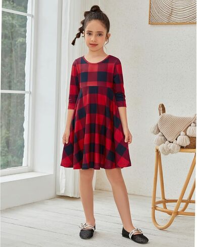 QPANCY Girls Buffalo Check Dress 3/4 Sleeve Christmas Dress Kids Casual Dresses in Kuwait