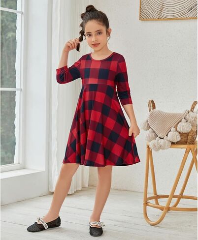 QPANCY Girls Buffalo Check Dress 3/4 Sleeve Christmas Dress Kids Casual Dresses in Kuwait