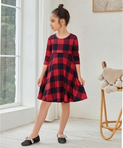 QPANCY Girls Buffalo Check Dress 3/4 Sleeve Christmas Dress Kids Casual Dresses in Kuwait