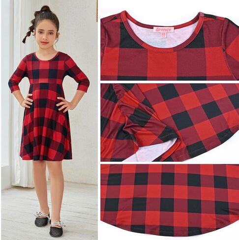 QPANCY Girls Buffalo Check Dress 3/4 Sleeve Christmas Dress Kids Casual Dresses in Kuwait
