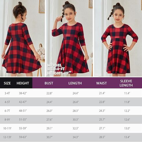 QPANCY Girls Buffalo Check Dress 3/4 Sleeve Christmas Dress Kids Casual Dresses in Kuwait