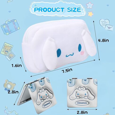 Adilymey Cinnamoro Plush Makeup Cosmetic Bag - Cinnamoro Travel Cosmetic Bag with 1 PCS Mirror Cute Cartoon Soft Travel Cosmetic Bags Gift for Girls Women in Kuwait