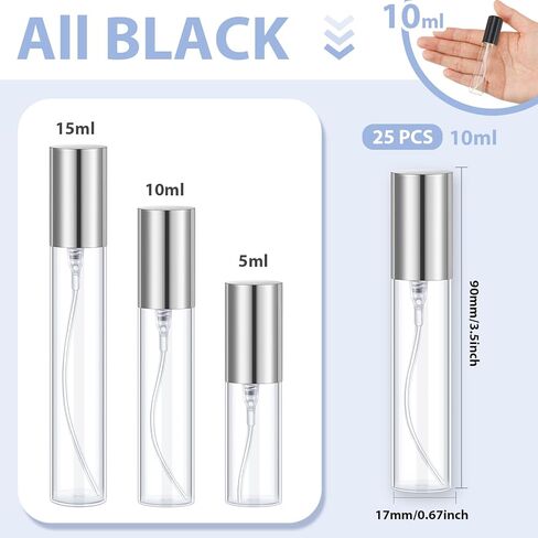 25 قطعة من رذاذ عطر السفر، زجاجة عطر فارغة قابلة لإعادة الملء لزجاجات رذاذ الزجاج، زجاجة عطر شفافة محمولة للسفر (فضي، 10 مل) in Kuwait