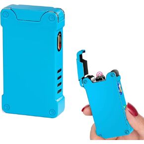 Windproof Lighter, Dual Arc Electric Lighter Rechargeable USB Lighter with Projection Flameless Plasma Lighter with Rhythmic Flashing Battery Indicator (Blue)