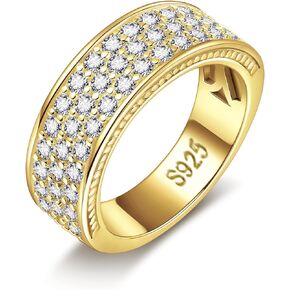 Men's Wedding Band Cubic Zirconia Engagement Rings 14K/White Gold Plated 925 Sterling Silver with 3 Row Cubic Zirconia Promise Ring Valentines Anniversary Jewelry Gifts Sizes 8-12