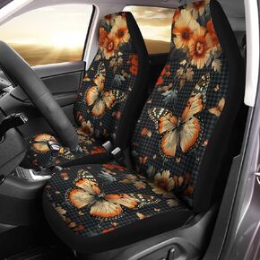 Bulopur Black Butterfly Red Poppy Flower Plaid Car Front Seat Covers Full Set with 2 Piece Polyester Stretchy Automotive Interior Accessories Universal Fit Most Vehicles