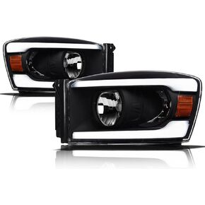Alpha Owls 8711453 Projector Headlights With White LED Light Bar - Black Amber Fits 2006-2008 Dodge Ram 1500/2006-2009 2500 3500