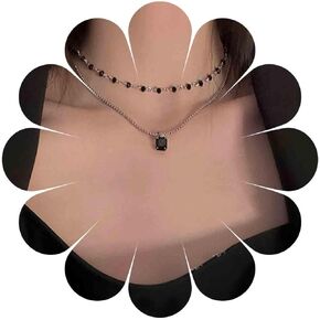 Boho Layered Rhinestone Necklace Black Beads Choker Silver Chain Black Crystal Pendant Necklace Multi-Layered Shining Rhinestone Necklace Minimalist Necklace Jewelry for Women and Girls