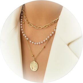 Layered Pearl Necklace for Women Gold Multilayer Pearl Coin Choker Necklaces Paperclip Link Chain Necklace Jewelry Gift for Women