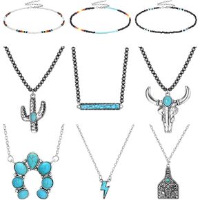 Subiceto 9Pcs 𝐖𝐞𝐬𝐭𝐞𝐫𝐧 𝐍𝐞𝐜𝐤𝐥𝐚𝐜𝐞 Jewelry 𝐍𝐚𝐯𝐚𝐣𝐨 𝐏𝐞𝐚𝐫𝐥 𝐍𝐞𝐜𝐤𝐥𝐚𝐜𝐞 for Women Cowgirl 𝐓𝐮𝐫𝐪𝐮𝐨𝐢𝐬𝐞 Cow Lightning Horseshoe 𝐏𝐞𝐧𝐝𝐚𝐧𝐭 𝐍𝐞𝐜𝐤𝐥𝐚𝐜𝐞 𝐁𝐞𝐚𝐝 𝐍𝐞𝐜𝐤𝐥𝐚𝐜𝐞𝐬 Boho Vintage Beaded Choker Layered Turquoise Jewelry Set in Kuwait
