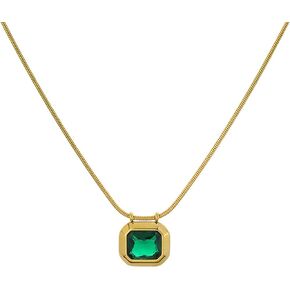 Created Emerald Pendant Cubic Zirconia Necklace for Women Teen Girls Gold Round Snake Chain Link Stainless Steel Clavicle Choker Necklace Birthstone Jewelry Valentine Mother Day Gift