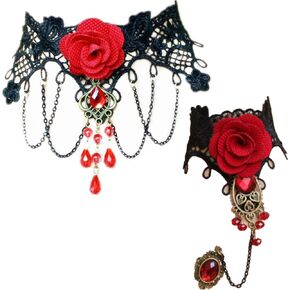 2 Set Retro Handmade Choker Necklace and Bracelet for Women Gothic Black Lace Necklace for Halloween Punk Costume Party Royal Court Vampire Choker