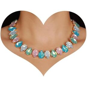 Xerling Multicolor Teardrop Crystal Choker Colorful Iridescent Rhinestones Chains Necklaces for Women Wedding Party