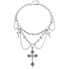 Vintage Cross Necklace Y2k Pearl Chain Cross Necklace Bead Cross Necklace Floral Cross Layered Choker Gothic Necklace Halloween Christmas New Year Goth Jewelry Gift for Women Teens