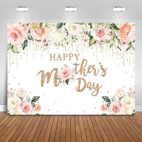 Mocsicka Happy Mother's Day Backdrop Pink Floral Golden Mother's Day Background I Love Mom Gifts Wall Decoration Banner Photo Booth Props (8x6ft)