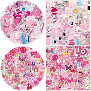 220Pcs Preppy Stickers Pink Cute Vinyl Waterproof Stickers Aesthetic Hot Pink Party Supplies Stickers for Kids Teen Girls Laptop Waterbottle Phone Skateboard Guitar Luggage Helmet Décor