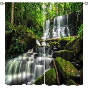 Waterfall Curtains, Spring Nature Theme Landscape Pattern in Forest, Blackout Thermal Curtains for Bedroom Living Room, 2 Panel Set, 42X45 Inch