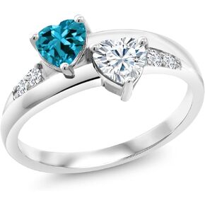 925 Sterling Silver Heart Shape London Blue Topaz and Forever Classic Moissanite from Charles & Colvard Women Ring (1.13 Cttw, Available In Size 5, 6, 7, 8, 9)