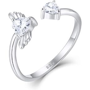 STARCHENIE Adjustable Heart Ring 925 Sterling Silver Open Angel Wings Ring for Women Size 5-10
