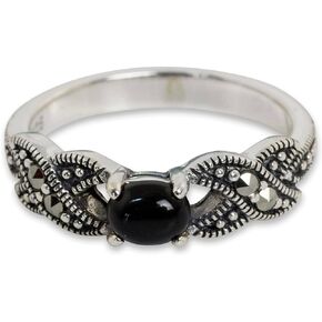 NOVICA Artisan Handmade Onyx Marcasite Cocktail Ring Thai .925 Sterling Silver Grey Black Single Stone Thailand Birthstone 'Romance at Midnight'