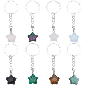 8pcs Star Crystal Keychain Pendants, 8 Chakra Keyrings Natural Stone Keychains Crystal Gemstone Keyrings Tumbled Stone Keyrings for Women Men Gifts Car Key Bag Decoration Earphone