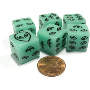 Set of 6 Alien UFO 16mm D6 Koplow Games Dice - Green with Black Etches