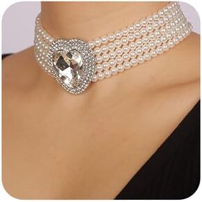 fxmimior Boho Women Multilayer 1920s Love Heart Rhinestone Necklaces Gold Silver Dainty Pearls Layered Choker Necklaces Fashion Red Pink Chunky Pendant Multilayer Adjustable Layering Chain Necklaces for Women Girls