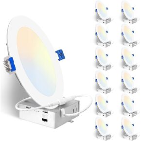 6 بوصات 5CCT رفيعة للغاية وقابلة للتعتيم LED مع صندوق توصيل، 2700K/3000K/3500K/4000K/5000K قابلة للتحديد، 12W Eqv 120W، سطوع 1200LM، مدرج في قائمة ETL&FCC