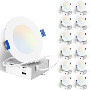 6 بوصات 5CCT رفيعة للغاية وقابلة للتعتيم LED مع صندوق توصيل، 2700K/3000K/3500K/4000K/5000K قابلة للتحديد، 12W Eqv 120W، سطوع 1200LM، مدرج في قائمة ETL&FCC