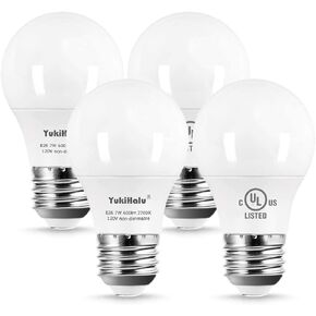 YukiHalu A15 LED Light Bulbs, 60W Equivalent, E26 Base, 2700K/3000K/5000k White, 7W 600 Lumens 120V, UL Listed, Ceiling Fan Light Bulbs, Appliance Bulb, Not Dimmable, Pack of 4 (2700K Soft White)