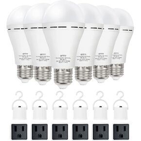 OFFLIY Rechargeable Light Bulbs & Plug Caps Combo, 1800mAh High-Capacity Battery, 9W,750LM,5000K Emergency Light Bulbs for Power Outage, A19 E26 Led Light Bulbs, 6PK with Plug Caps & 6Hooks