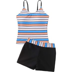 SHENHE Girl's 2 Piece Tankini Set Striped Print Color Block Bathing Suit Swimwear