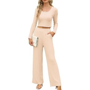 AOMONI المرأة Bodycon المحاصيل الأعلى عالية الخصر واسعة الساق طويلة الأكمام 2 قطعة ملابس رياضية مع جيوب in Kuwait