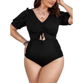 MakeMeChic Women's Plus Size One Piece Swimsuit Drawstring Cut Out Short Sleeve Bathing Suit