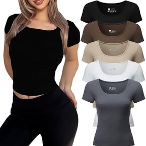 Women's 5pcs Short Sleeve Slim Fit Sexy T Shirt Square Neck Bodycon Crop Tunics Going Out Tops