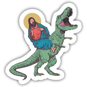 VulgrCo Praise Jesus Riding Dinosaur TRex Animal Funny Sticker Vinyl Waterproof UV Resistant Decal for Phones Laptops Water Bottles Tumblers Boats Cars Trucks Windows Kayak 3" inch Bumper Stickers