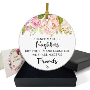 REWIDPARTY Thank You Gifts for Neighbor Friends Christmas Birthday Gifts Ornament for Neighbor Women Men Christmas Tree Decoration Keepsake 3" Circle Ceramic Ornament with Gold Ribbon & Gift Box