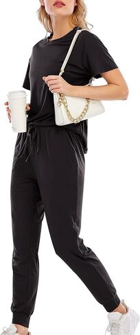 طقم رياضي نسائي بأكمام قصيرة مع جيوب مكون من قطعتين ملابس صالة وسروال طويل طقم رياضي in Kuwait