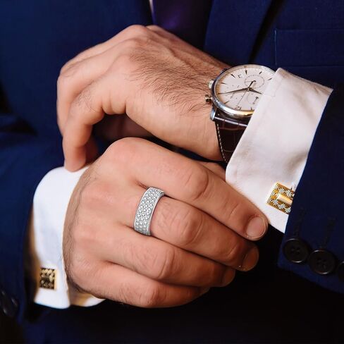 خاتم زفاف للرجال مكعب زركونيا خواتم خطوبة 14K/ذهب أبيض مطلي 925 فضة استرليني مع 3 صفوف مكعب زركونيا وعد خاتم عيد الحب هدايا مجوهرات الذكرى السنوية مقاسات 8-12 in Saudi Arabia