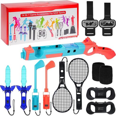 حزمة ملحقات سويتش الرياضية 14 في 1 لمجموعة ألعاب نينتندو سويتش / أوليد الرياضية العائلية، تشمل Game GunX1، ونوادي الجولفX2، ومقابض اليدX2، وأشرطة الساقX2، وأشرطة المعصمX2، ومضارب التنسX2، والسيوفX2، وWri in Kuwait