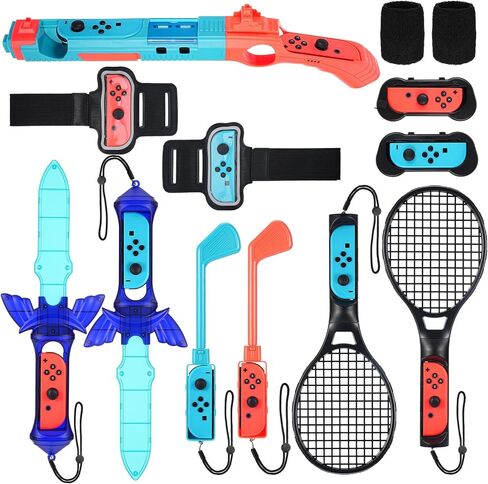 حزمة ملحقات سويتش الرياضية 14 في 1 لمجموعة ألعاب نينتندو سويتش / أوليد الرياضية العائلية، تشمل Game GunX1، ونوادي الجولفX2، ومقابض اليدX2، وأشرطة الساقX2، وأشرطة المعصمX2، ومضارب التنسX2، والسيوفX2، وWri in Kuwait
