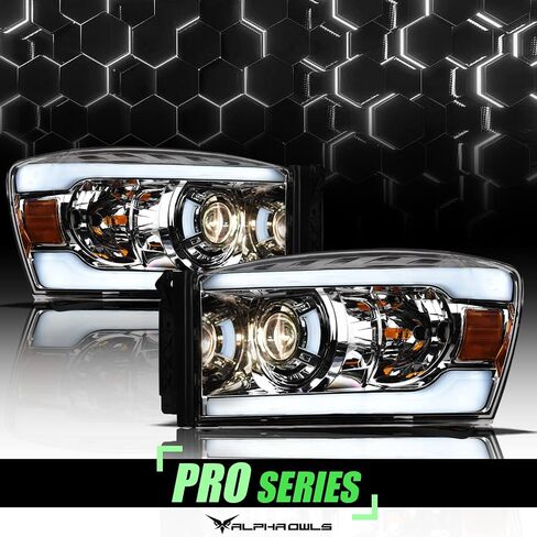 Alpha Owls 8711453 Projector Headlights With White LED Light Bar - Black Amber Fits 2006-2008 Dodge Ram 1500/2006-2009 2500 3500 in Saudi Arabia