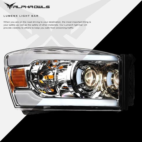 Alpha Owls 8711453 Projector Headlights With White LED Light Bar - Black Amber Fits 2006-2008 Dodge Ram 1500/2006-2009 2500 3500 in Saudi Arabia